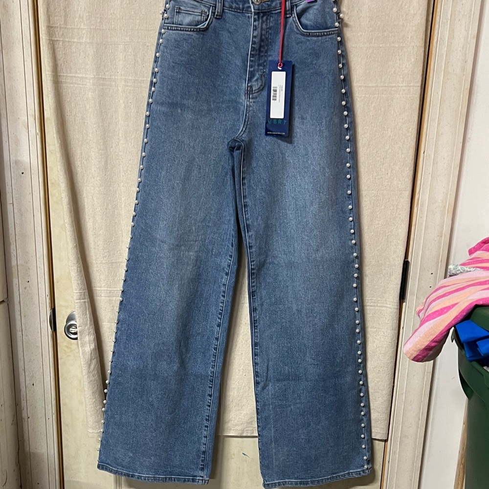 Vbrt Blue Denim Women's Jeans with Pearl Detailing